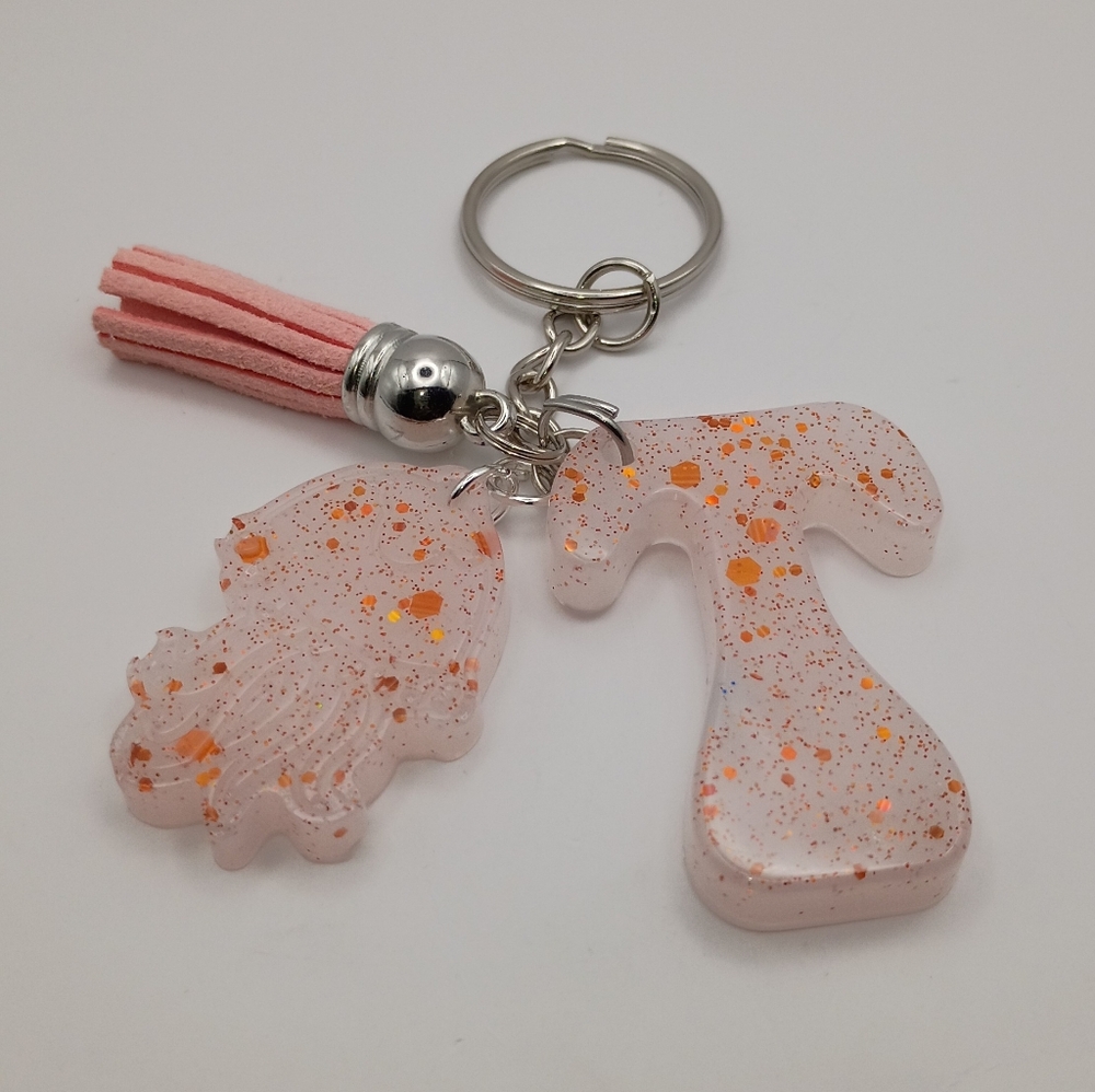 Women's Handmade Orange&White Glitter Letter T Initial Keychain With Tassel